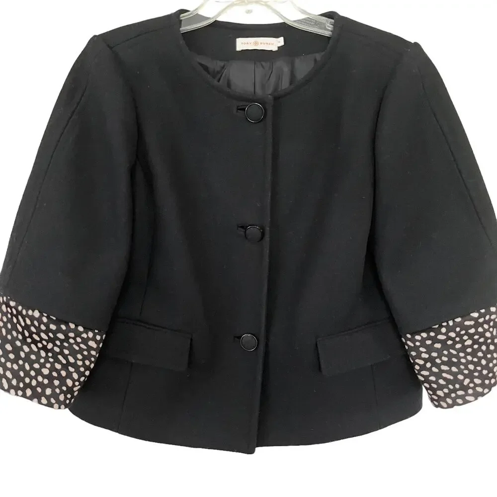 Tory Burch Peggy Calf Half Trimmed Wool Blend Jacket Black Women's Size 12